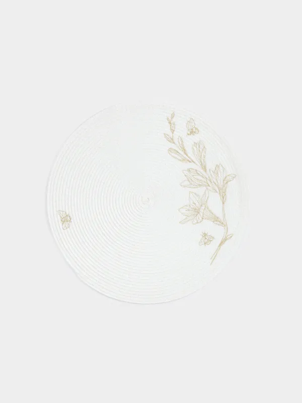 Placemat, 38 cm, polypropylene/PET, Round, Light grey, Flowers, Circle embroidery, image-0