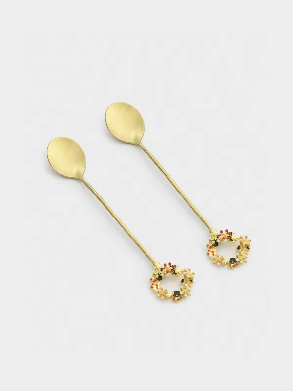 Dessert spoon, 15 cm, 2 pcs, steel, golden, Wreath, Christmas miracle, image-1