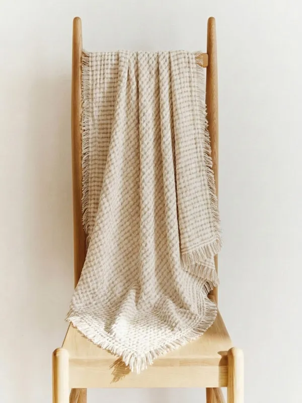 Plaid, 130x170 cm, with fringe, acrylic / polyester, milky beige, Stripes, acrylic, image-1
