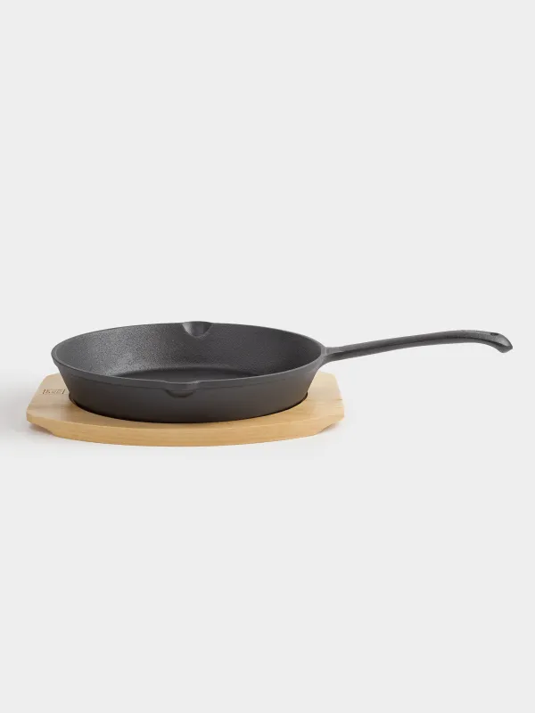 Frying Pan with base, 25 cm, cast iron/wood, round, black, Authentic, image-1