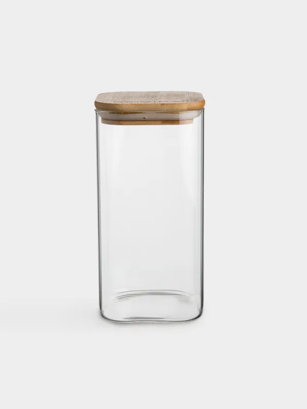 Bulk products jar, 1.5 l, glass / bamboo, square, Home made, image-0