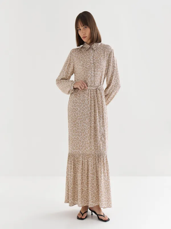 Women's dress, maxi, size L, with long sleeves, viscose, Gray-beige, Leopard, Becky, image-0