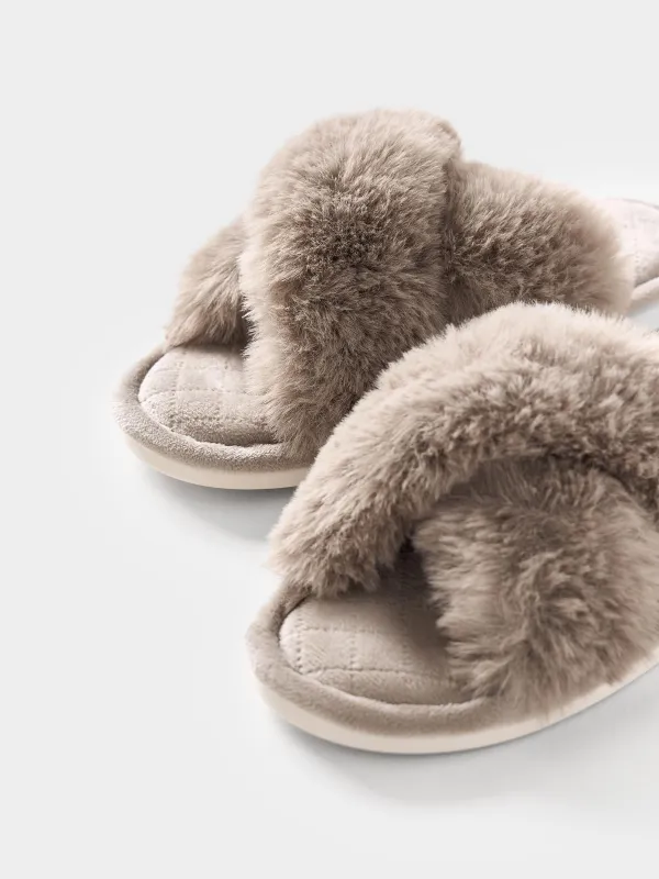 Women's slippers, homewear, size 36-37, polyester, brown, Tape, image-2