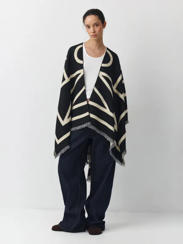 Poncho, 130x160 cm, with fringe, double-sided, viscose / polyester, milky black, poncho, image-1