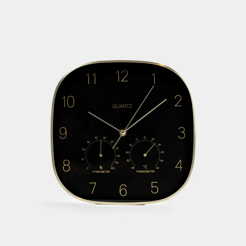 Wall clock, 30 cm, with thermometer and hygrometer, metal / glass, black, Dial