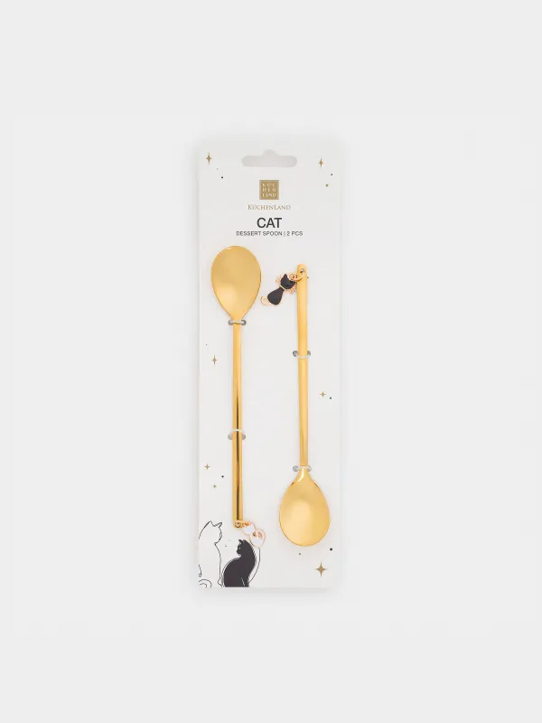 Dessert spoon, 14 cm, 2 pcs, steel, golden, Cats, Cat, image-5