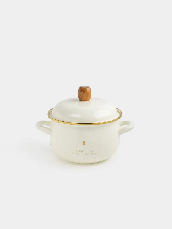 Pot, 20 cm, 2.8 l, with lid, enameled metal / wood, milky, House, Enamel, image-0