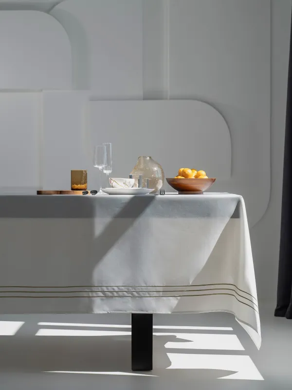 Tablecloth, 160x160 cm, polyester, white, Lines, Trim gold, image-0