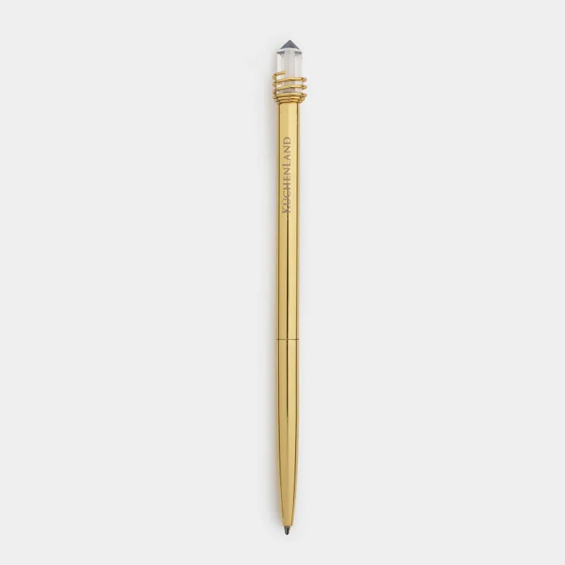 Ballpoint pen, 16 cm, with a figure, metal, gold, Crystal on a spring, Draw figure