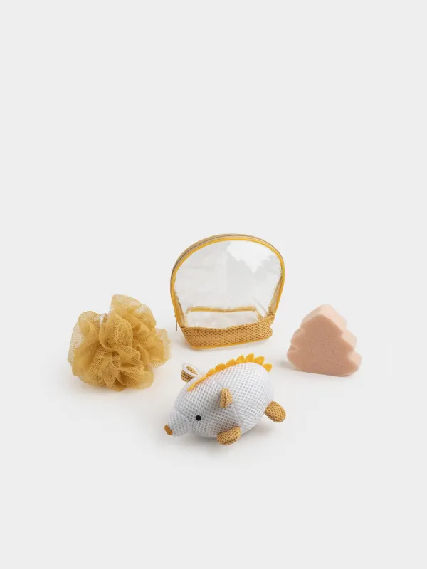 Children's shower set, 3 items, in a cosmetic bag, polyester, beige, Hedgehog, Friend spa, image-0