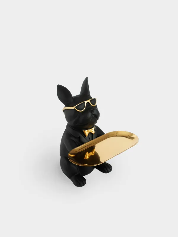 Decorative dish, 23 cm, with piggy bank, polyresin / metal, golden-black, Bulldog, Dog, image-1