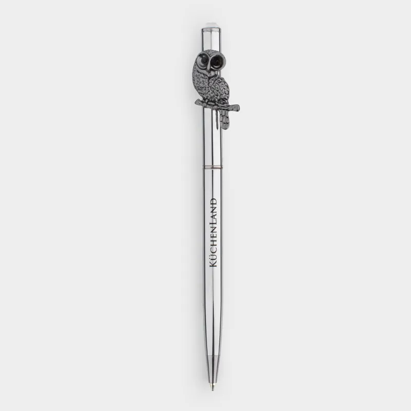 Ballpoint pen, 14 cm, with a figure, steel, black and silver, Owl, Draw figure