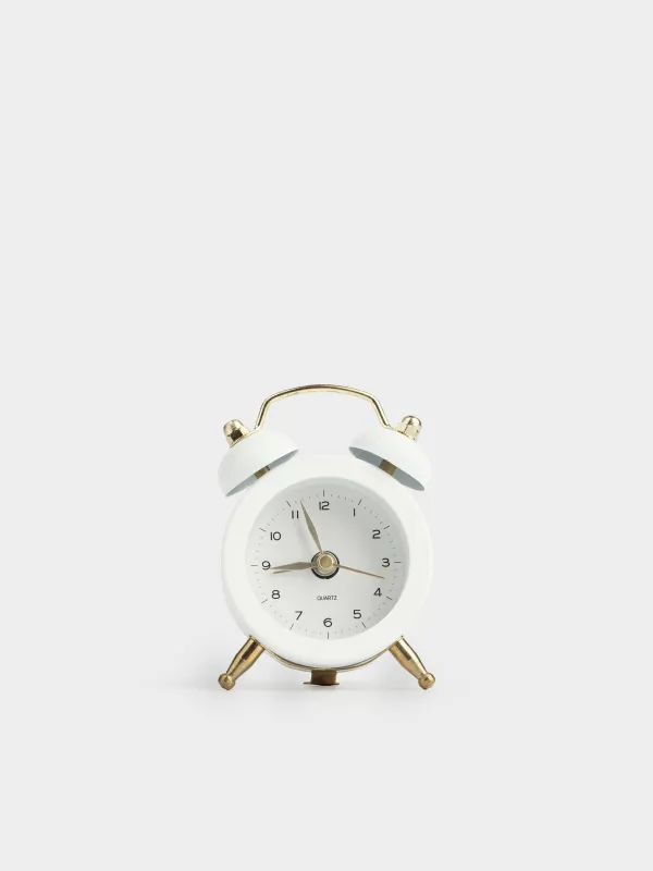Alarm clock, 8 cm, on legs, metal / glass, round, white and gold, Retro, Dial, image-0