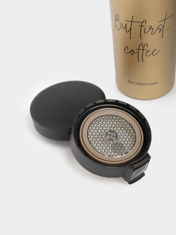 Thermo mug, 380 ml, steel / plastic, gold, matte, But first, cofee, Voyage, image-3