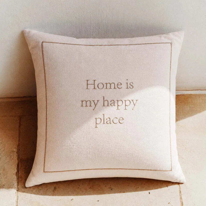 Decorative pillow, 45x45 cm, chenille/corduroy, milk, Home is my happy place, Chenill