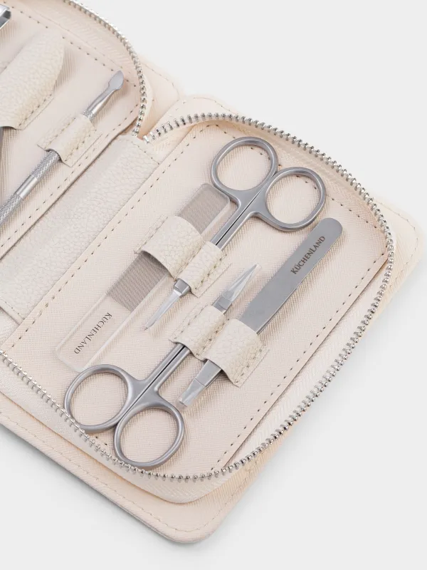 Manicure set, 7 items, in a case, steel / glass/PU leather, beige, Manicure, image-1
