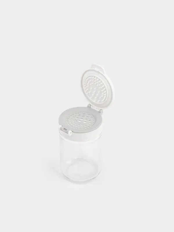 Spice container, 10 cm, with double lid, glass/plastic, grey, Comfort light, image-1