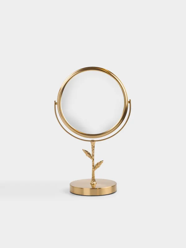 Table mirror, 30x18/15 cm, double-sided, on a leg, metal, round, gold, Freya, image-1