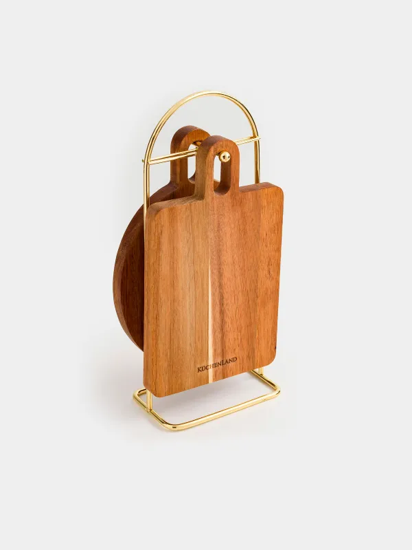 Cutting board set, 2 items, on a stand, wood / steel, rectangular / round, Noble tree , image-0