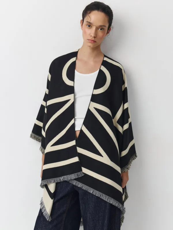 Poncho, 130x160 cm, with fringe, double-sided, viscose / polyester, milky black, poncho, image-2