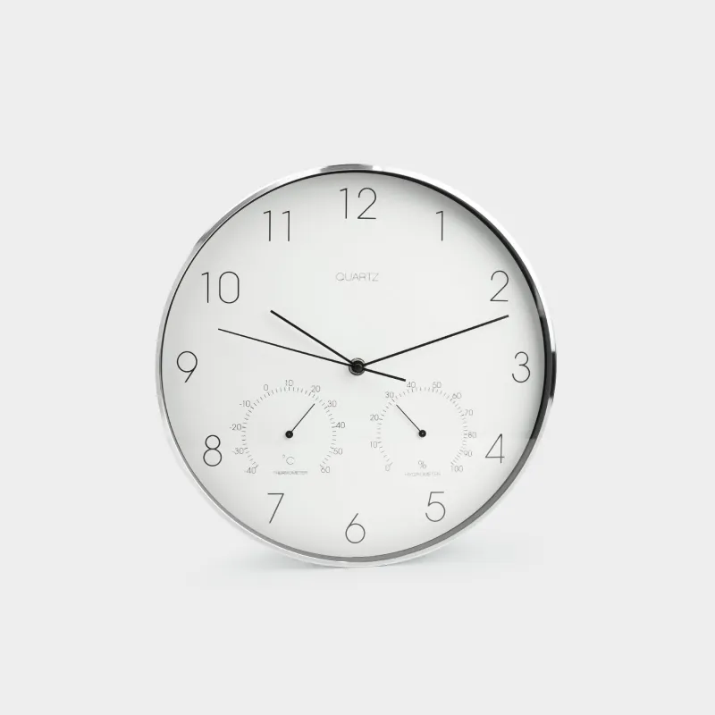 Wall clock, 31 cm, with thermometer and hygrometer, plastic / glass, round, white, Dial