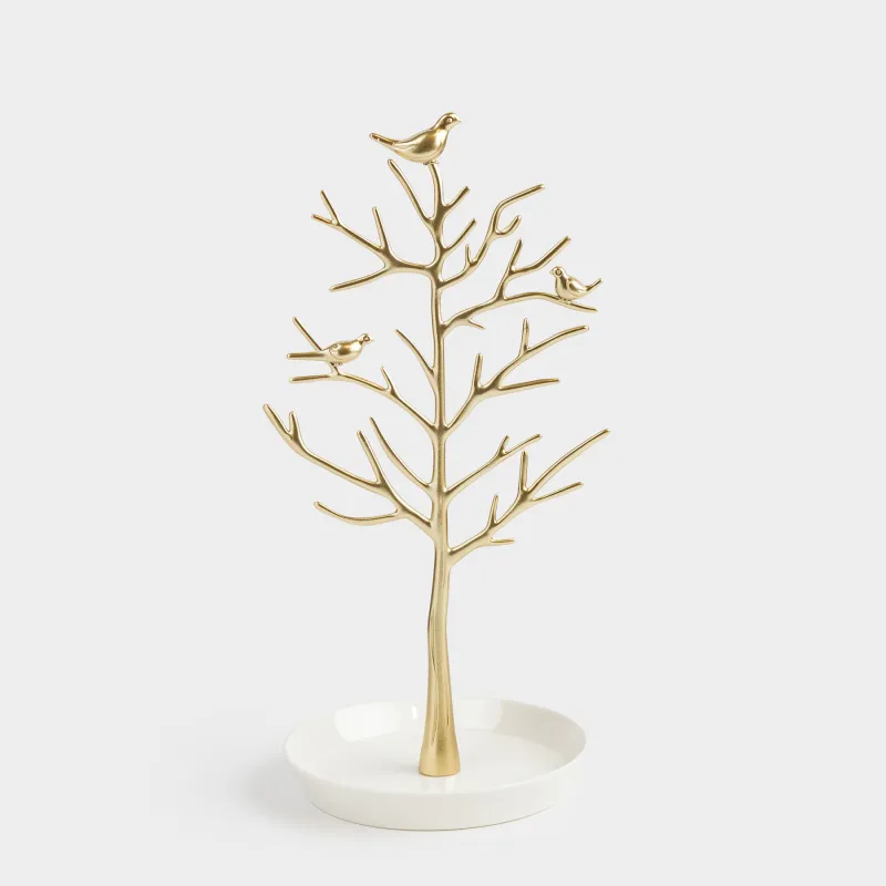 Jewelry holder, 30 cm, metal, gold, Wood with birds, Magic tree