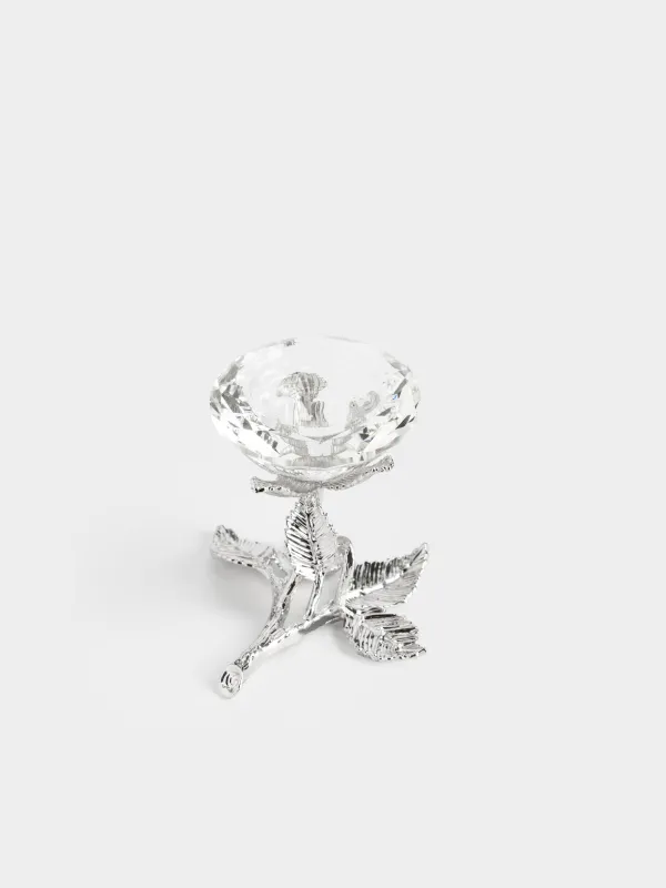 Candlestick, 9 cm, for tea / thin candle, on a leg, crystal glass / metal, Flower, Diamond, image-3