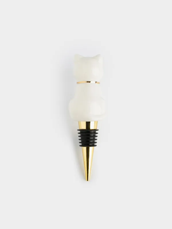 Bottle stopper, 13 cm, steel / porcelain P, white and gold, Cat, Cat, image-4