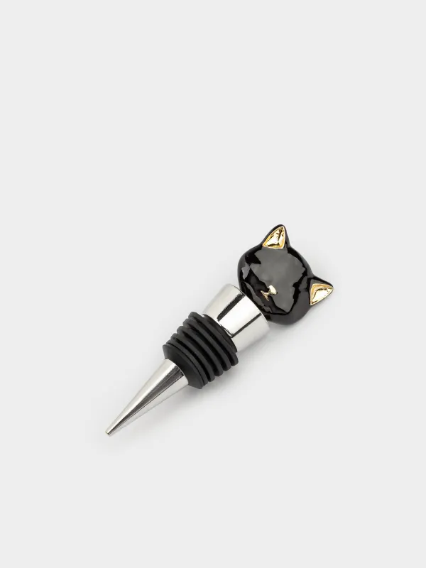 Wine bottle stopper, 9 cm, metal / glass, black, Cat, Cat, image-2