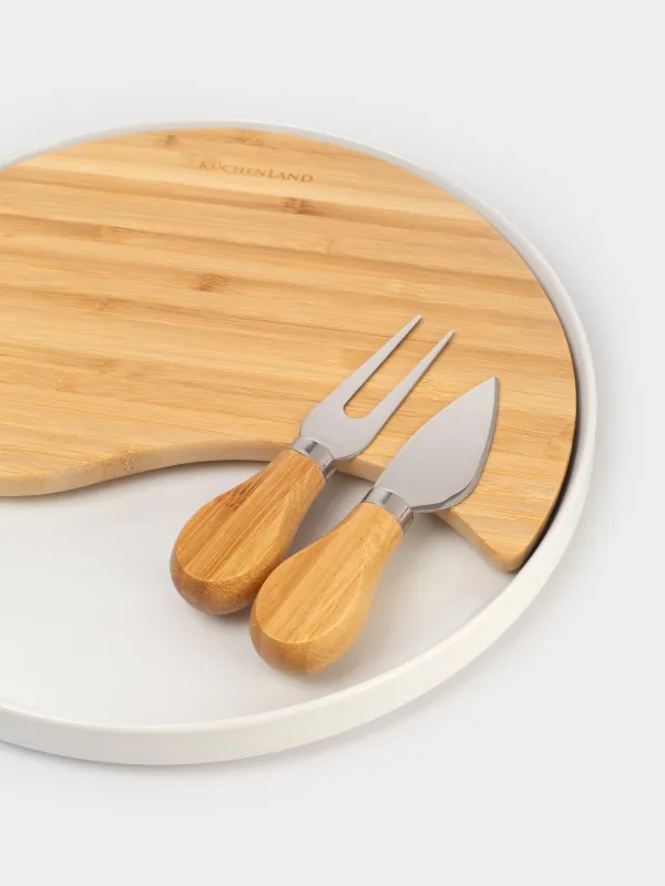 Cheese set, 4 items, dish-board on stand, ceramic / Bamboo, Circle, Cheese, image-2