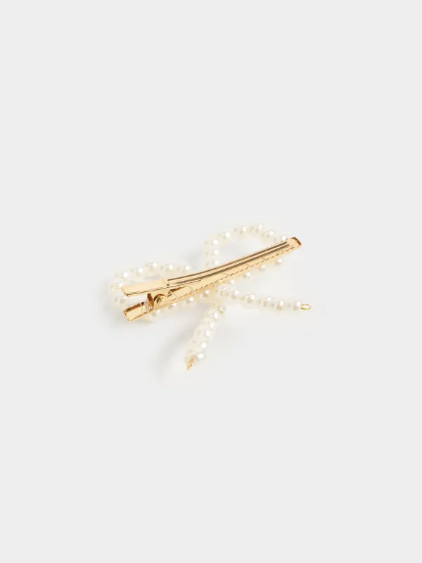 Hair clip, 6 cm, plastic / metal, Pearl bow, Pearl, image-2