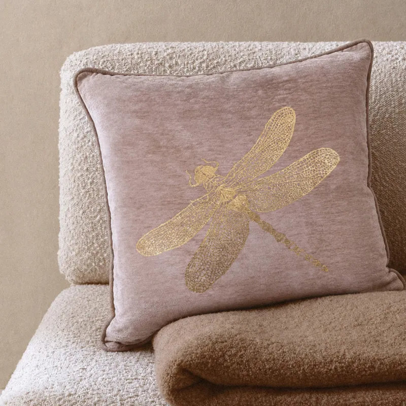Decorative pillow, 45x45 cm, chenille / corduroy, gray-beige, Dragonfly, Dragonfly