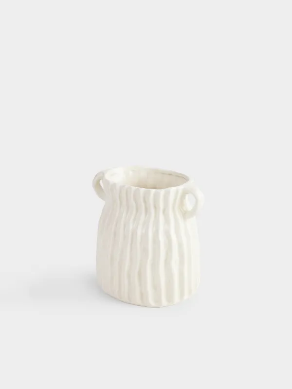 Flower vase, 18 cm, with handles, ceramic, White, Textured lines, Wavy, image-1