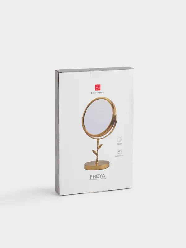 Table mirror, 30x18/15 cm, double-sided, on a leg, metal, round, gold, Freya, image-5