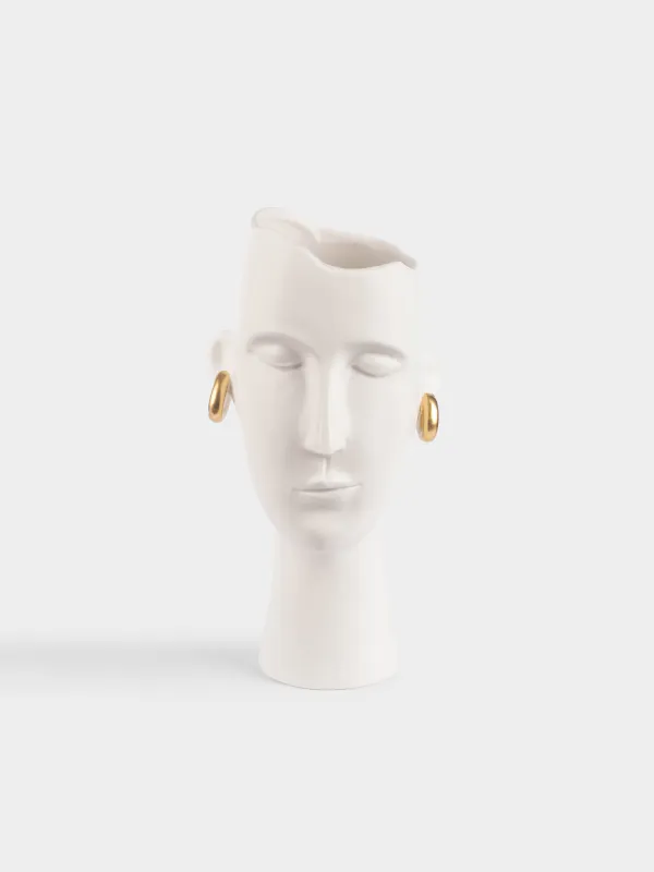 Flower vase, 34 cm, decorative, ceramic, white, Girl with golden earrings, Face, image-0