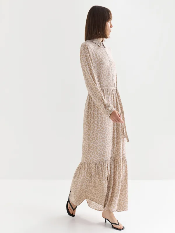 Women's dress, maxi, size L, with long sleeves, viscose, Gray-beige, Leopard, Becky, image-2
