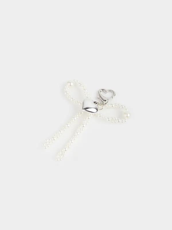 Keychain, 9 cm, acrylic / metal, Silver, Heart and beads, Pearl heart, image-1