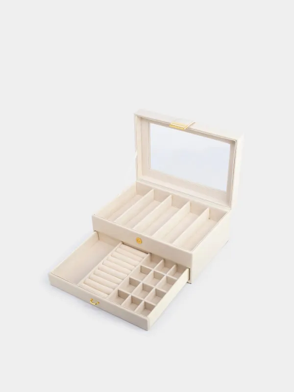 Jewelry box, 26x18 cm, wood/PU leather, ecru, Premiere, image-2