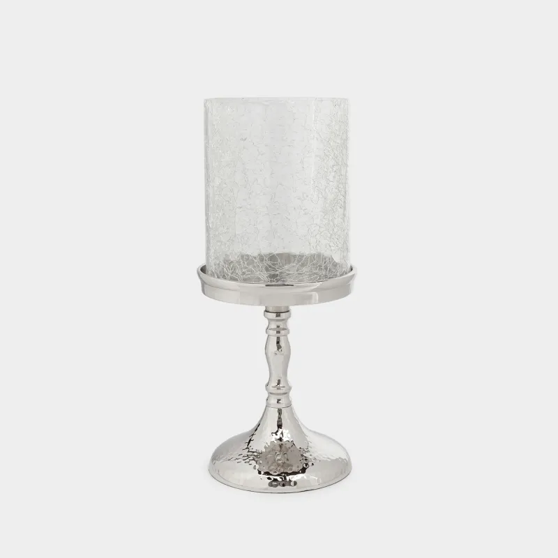 Candle holder, 26 cm, on a leg, glass / metal, silver, Craquelure, Fantastic R