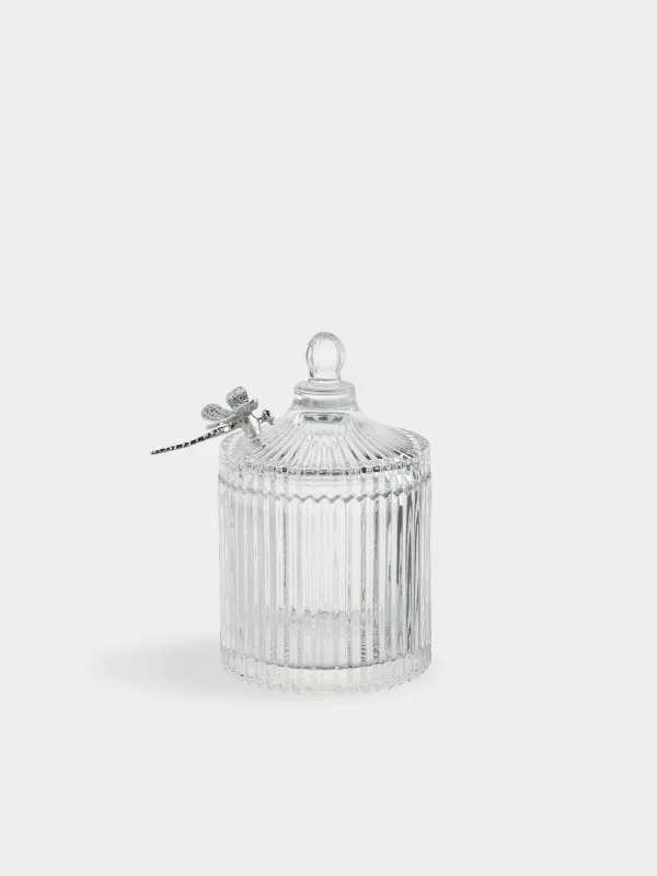 Candy bowl, 17x10 cm, 550 ml, with lid, glass R / metal, Silver dragonfly, Selene, image-0