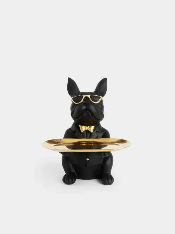 Decorative dish, 23 cm, with piggy bank, polyresin / metal, golden-black, Bulldog, Dog, image-2