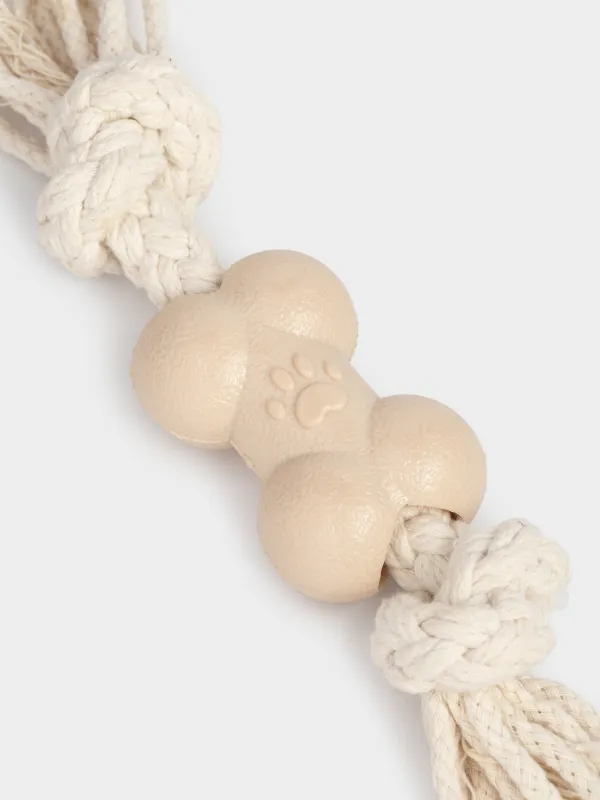 Dog toy, 21 cm, rubber / cotton, Beige, Bone on rope, Playful pet, image-3