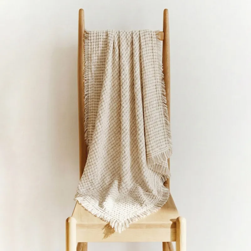 Plaid, 130x170 cm, with fringe, acrylic / polyester, milky beige, Stripes, acrylic