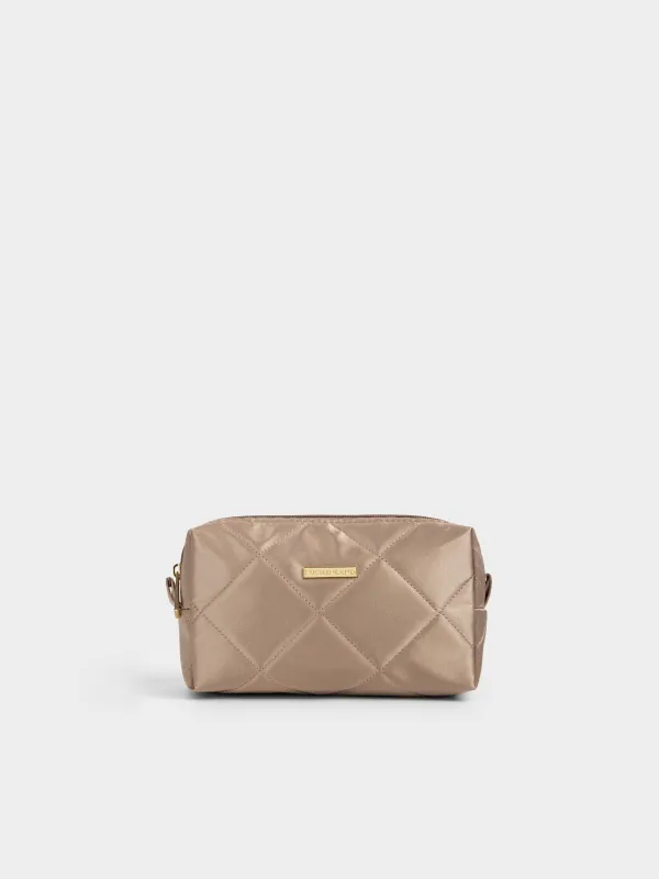 Makeup bag, 20x10 cm, quilted, satin, beige, Quilted silk, image-0