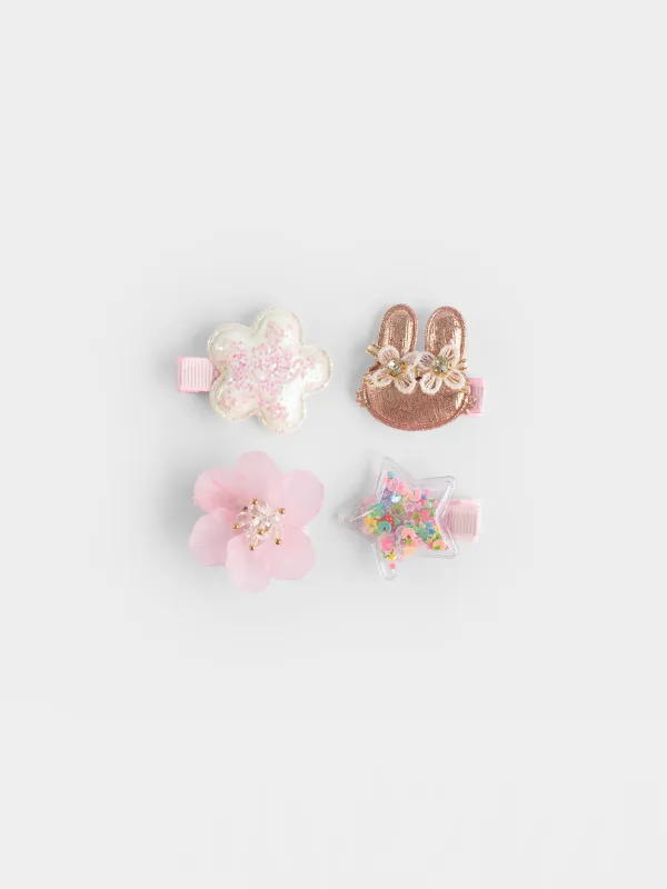 Elastic bands set for hair, 3 cm, 4 pcs, children's, polyester / plastic, pink, Rabbit, Gracile, image-0