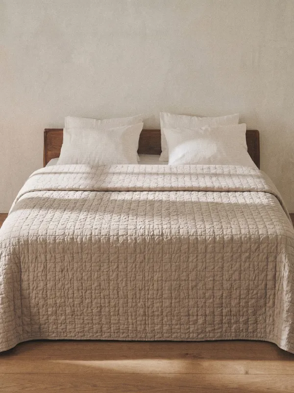 Bedspread, 220x240 cm, quilted, velvet/microfiber, beige, Squares, Stitch velvet, image-1