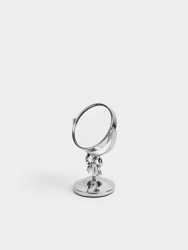 Table mirror, 16x9 / 7 cm, double-sided, on a leg, metal, round, silver, Fantastic, image-1