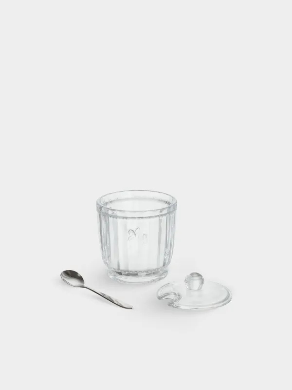 Sugar bowl, 12 cm, 370 ml, with spoon, glass R / steel, Honey, image-2