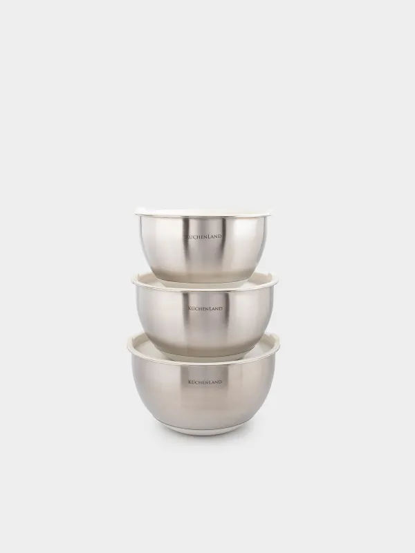 A bowl, 2,5/3/4,5 l, 3 pcs, with lid, anti-slip bottom, steel / plastic, beige, Terra , image-0