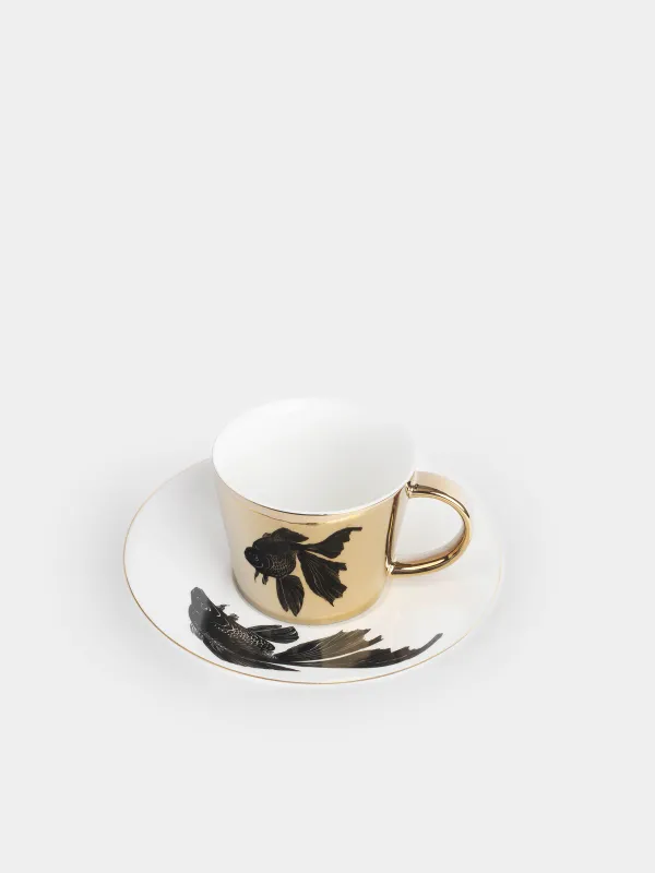 Tea pair, 1 pers, 2 items, 230 ml, porcelain P, white and golden, Fish, Goldfish, image-1